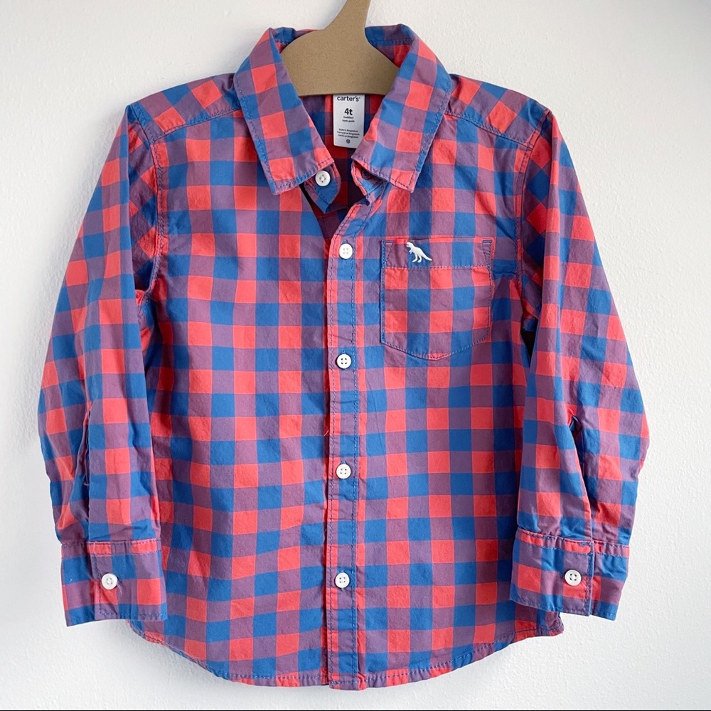 Carters Blue and Orange Check Button Down Shirt Dinosaur Boys SZ 4